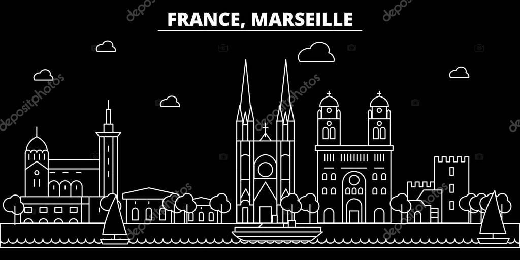 Marseille silhouette skyline. France - Marseille vector city, french linear architecture, buildings. Marseille line travel illustration, landmarks. France flat icons, french outline design banner