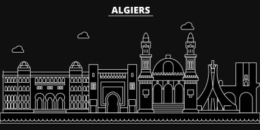 Cezayir siluet manzarası. Cezayir vektör şehir, Cezayir doğrusal mimari, buildingline seyahat illüstrasyon, landmarkflat simgesi, Cezayir anahat tasarım afiş