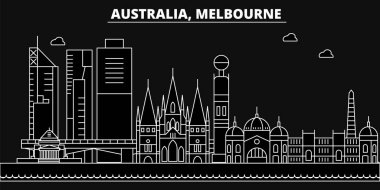 Melbourne siluet manzarası. Avustralya - Melbourne vektör şehir, Avustralya doğrusal mimarisi. Melbourne satır seyahat illüstrasyon, yerler. Avustralya düz simgesi, Avustralya anahat binalar