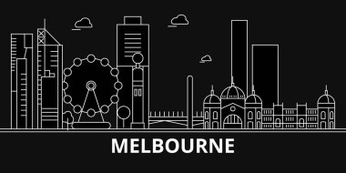 Melbourne siluet manzarası. Avustralya - Melbourne vektör şehir, Avustralya doğrusal mimarisi, binalar. Melbourne seyahat illüstrasyon, anahat yerler. Avustralya düz iconaustralian hattı