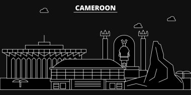Kamerun siluet manzarası, Kamerun vektör şehir, Kamerunlu doğrusal mimarisi, binalar., satır seyahat illüstrasyon, Yerler, düz simgeler, Kamerunlu anahat tasarım afiş