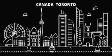 Toronto şehir silueti manzarası. Kanada - Toronto şehir vektör city, Kanada doğrusal mimarisi, binalar. Toronto şehir seyahat illüstrasyon, anahat yerler. Kanada düz simgeler, Kanada hat afiş
