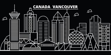 Vancouver şehir silueti manzarası. Kanada - Vancouver şehir vektör şehir, Kanada doğrusal mimarisi. Vancouver şehir seyahat illüstrasyon, anahat yerler. Kanada düz simgeler, Kanada satır binalar