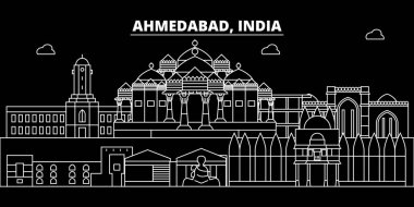 Ahmedabad siluet manzarası. Hindistan - Ahmedabad vektör şehir, Hint doğrusal mimarisi, binalar. Ahmedabad seyahat illüstrasyon, anahat yerler. Hindistan düz simgeler, Hint hat afiş