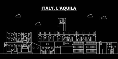 LAquila siluet manzarası. İtalya - Laquila vektör şehir, İtalyan doğrusal mimarisi, binalar. LAquila seyahat illüstrasyon, anahat yerler. İtalya düz simgeler, İtalyan hat afiş