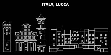 Lucca siluet manzarası. İtalya - Lucca vektör şehir, İtalyan doğrusal mimarisi, binalar. Lucca çizim, anahat yerler seyahat. İtalya düz simgeler, İtalyan hat afiş