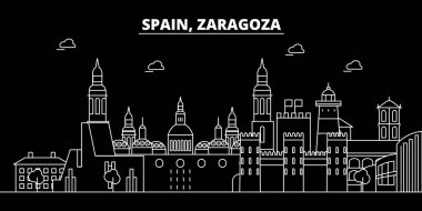 Zaragoza siluet manzarası. İspanya - Zaragoza vektör şehir, İspanyol doğrusal mimarisi, binalar. Zaragoza seyahat illüstrasyon, anahat yerler. İspanya düz simgesi, İspanyol hat afiş