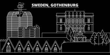 Gothenburg siluet manzarası. İsveç - Gothenburg vektör şehir, İsveç doğrusal mimarisi, binalar. Gothenburg seyahat illüstrasyon, anahat yerler. İsveç düz simgesi, İsveçli hat afiş