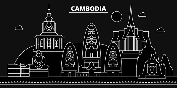 Camboja silhueta skyline, Camboja vetor cidade, arquitetura linear cambojana, edifícios, ilustração de viagem de linha, marcos, ícones planos, bandeira de design de esboço cambojano — Vetor de Stock