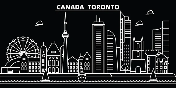 토론토 스카이라인 실루엣 캐나다-토론토 시 벡터 시, 캐나다 선형 건축, 건물. 토론토 시티 여행 그림, 개요 랜드마크입니다. 캐나다 플랫 아이콘, 캐나다 라인 배너 — 스톡 벡터