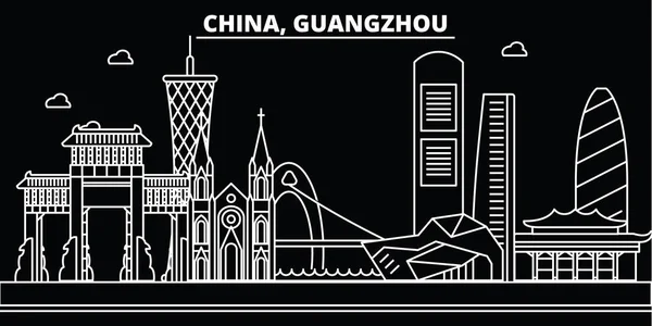 广州剪影天际线。中国-广州矢量城市, 中国线性建筑, 建筑。广州旅游插图、地标。中国平面图标, 中国线横幅 — 图库矢量图片