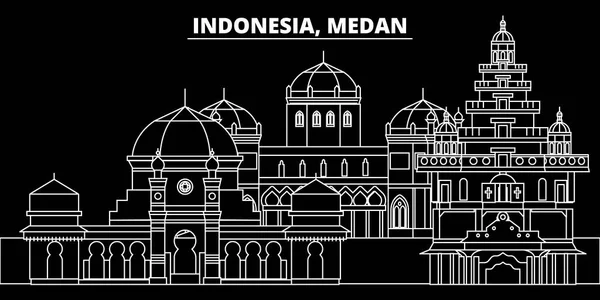 Medan siluett skyline. Indonesien - Medan vector city, indonesiska linjär arkitektur, byggnader. Medan resor illustration, disposition sevärdheter. Indonesien platt ikoner, indonesiska linje banner — Stock vektor