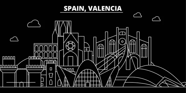 Valencia silueta Panorama. Španělsko - Valencie vektor město, španělský lineární architektura, budovy. Valencia cestování ilustrace, přehled památek. Španělsko ploché ikony, španělský linie nápisu — Stockový vektor