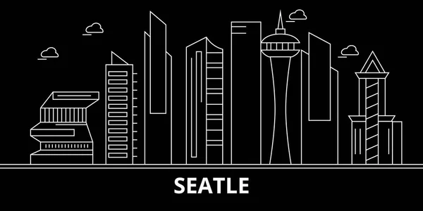 Ciudad de Seattle silueta horizonte. Estados Unidos Seattle ciudad vector, arquitectura lineal americana, edificios. Seattle city travel illustration, outline landmarks (en inglés). EE.UU. icono plano, bandera de línea americana — Vector de stock