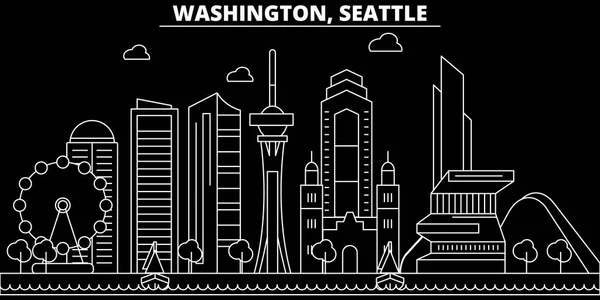 Línea de silueta de Seattle. EE.UU. Seattle vector de la ciudad, la arquitectura lineal americana, edificios. Seattle ilustración de viajes, esbozar puntos de referencia. EE.UU. icono plano, bandera de línea americana — Vector de stock