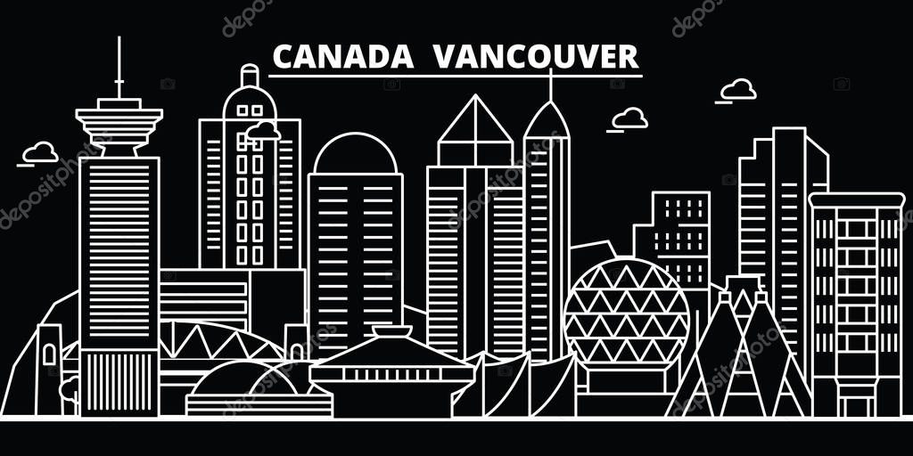 Vancouver city silhouette skyline. Canada - Vancouver city vector city, canadian linear architecture, buildings. Vancouver city line travel illustration, landmarks. Canada flat icons, canadian outline