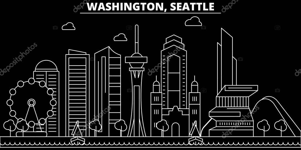 Seattle silhouette skyline. USA - Seattle vector city, american linear architecture, buildings. Seattle line travel illustration, landmarks. USA flat icon, american outline design banner