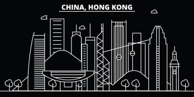 Hong Kong siluet manzarası. Çin - Hong Kong vektör şehir, Çin doğrusal mimarisi, binalar. Hong Kong satır seyahat illüstrasyon, yerler. Çin düz simgesi, Çin anahat tasarım afiş