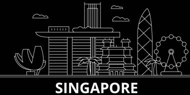 Singapur siluet manzarası. Çin - Singapur vektör şehir, Çin doğrusal mimarisi, binalar. Singapur seyahat illüstrasyon, anahat yerler. Çin düz simgesi, Çince hat afiş