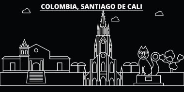 Santiago de Cali manzarası. Kolombiya - Santiago de Cali vektör şehir, Kolombiyalı doğrusal mimarisi. Santiago de Cali seyahat illüstrasyon, anahat yerler. Kolombiya düz simgesi, Kolombiyalı hat afiş
