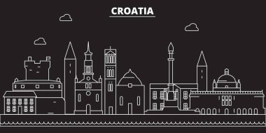 Hırvatistan siluet manzarası. Hırvatistan vektör şehir, Hırvat doğrusal mimari, buildingline seyahat illüstrasyon, landmarkflat simgesi, Hırvat anahat tasarım afiş