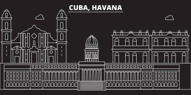 Havana siluet manzarası. Küba - Havana vektör şehir, Küba doğrusal mimarisi, binalar. Havana satır seyahat illüstrasyon, yerler. Küba düz simgesi, Küba anahat tasarım afiş