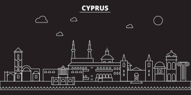 Kıbrıs siluet manzarası. Kıbrıs vektör şehir, Kıbrıs doğrusal mimari, buildingline seyahat illüstrasyon, landmarkflat simgesi, Kıbrıs anahat tasarım afiş
