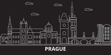 Prag şehir silueti manzarası. Çek Cumhuriyeti - Prague city vektör şehir, Çek doğrusal mimarisi. Prag şehir seyahat illüstrasyon, anahat yerler. Çek Cumhuriyeti düz simgesi, Çek hat afiş