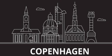 Copenhagen siluet manzarası. Danimarka - Kopenhag vektör şehir, Danimarkalı doğrusal mimarisi, binalar. Copenhagen seyahat illüstrasyon, anahat yerler. Danimarka düz simgesi, Danimarkalı hat afiş