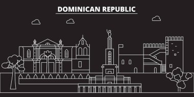Dominik Cumhuriyeti siluet manzarası. Dominik Cumhuriyeti vektör şehir, Dominik doğrusal mimari, buildingline seyahat illüstrasyon, landmarkflat simgesi, Dominik anahat tasarım afiş
