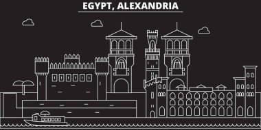 Alexandria siluet manzarası. Mısır - Alexandria vektör şehir, Mısır doğrusal mimarisi, binalar. Alexandria satır seyahat illüstrasyon, yerler. Mısır düz simgesi, Mısır anahat tasarım afiş
