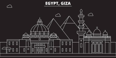 Giza siluet manzarası. Mısır - Giza vektör şehir, Mısır doğrusal mimarisi, binalar. Giza satır seyahat illüstrasyon, yerler. Mısır düz simgesi, Mısır anahat tasarım afiş