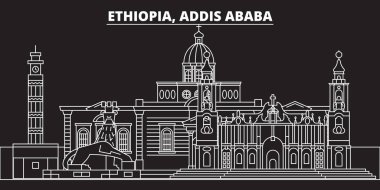 Addis ababa siluet manzarası. Etiyopya - vektör şehir Addis ababa, Etiyopya doğrusal mimarisi, binalar. Addis ababa seyahat illüstrasyon, anahat yerler. Etiyopya simgesi, Etiyopya hat afiş