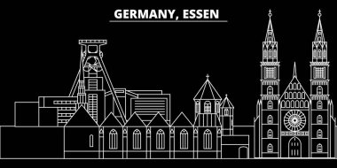 Essen siluet manzarası. Almanya - Essen vektör şehir, Alman doğrusal mimarisi, binalar. Essen seyahat illüstrasyon, anahat yerler. Almanya düz simgesi, Alman hat afiş