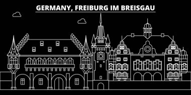 Bir Freiburg im Breisgau siluet manzarası. Almanya - Freiburg im Breisgau vektör şehir, Alman doğrusal mimari, buildingtravel illüstrasyon, anahat yerler. Almanya simgesi, Alman hat afiş