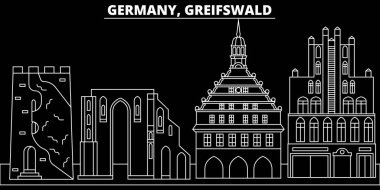 Greifswald siluet manzarası. Almanya - Greifswald vektör şehir, Alman doğrusal mimarisi, binalar. Greifswald seyahat illüstrasyon, anahat yerler. Almanya düz simgesi, Alman hat afiş