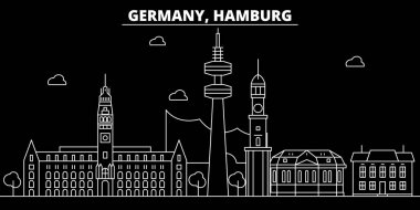 Hamburg siluet manzarası. Almanya - Hamburg vektör şehir, Alman doğrusal mimarisi, binalar. Hamburg seyahat illüstrasyon, anahat yerler. Almanya düz simgesi, Alman hat afiş