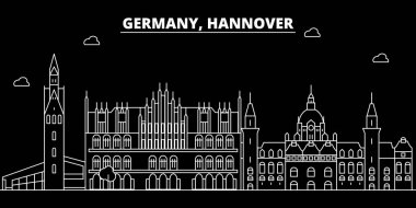 Hanover siluet manzarası. Almanya - Hannover vektör şehir, Alman doğrusal mimarisi, binalar. Hanover seyahat illüstrasyon, anahat yerler. Almanya düz simgesi, Alman hat afiş