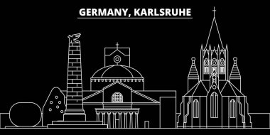 Karlsruhe siluet manzarası. Almanya - Karlsruhe vektör şehir, Alman doğrusal mimarisi, binalar. Karlsruhe seyahat illüstrasyon, anahat yerler. Almanya düz simgesi, Alman hat afiş
