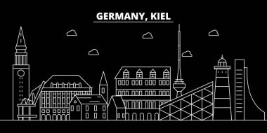 Kiel siluet manzarası. Almanya - Kiel vektör şehir, Alman doğrusal mimarisi, binalar. Kiel seyahat illüstrasyon, anahat yerler. Almanya düz simgesi, Alman hat afiş
