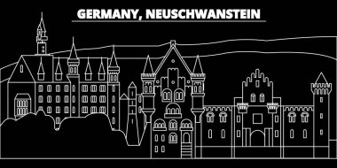 Neuschwanstein manzarası. Almanya - Neuschwanstein vektör şehir, Alman doğrusal mimarisi, binalar. Neuschwanstein seyahat illüstrasyon, anahat yerler. Almanya düz simgesi, Alman hat afiş