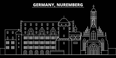Nürnberg siluet manzarası. Almanya - Nürnberg vektör şehir, Alman doğrusal mimarisi, binalar. Nürnberg seyahat illüstrasyon, anahat yerler. Almanya düz simgesi, Alman hat afiş