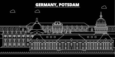 Potsdam siluet manzarası. Almanya - Potsdam vektör şehir, Alman doğrusal mimarisi, binalar. Potsdam seyahat illüstrasyon, anahat yerler. Almanya düz simgesi, Alman hat afiş