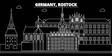 Rostock siluet manzarası. Almanya - Rostock vektör şehir, Alman doğrusal mimarisi, binalar. Rostock seyahat illüstrasyon, anahat yerler. Almanya düz simgesi, Alman hat afiş