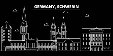 Schwerin siluet manzarası. Almanya - Schwerin vektör şehir, Alman doğrusal mimarisi, binalar. Schwerin seyahat illüstrasyon, anahat yerler. Almanya düz simgesi, Alman hat afiş