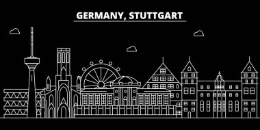 Stuttgart siluet manzarası. Almanya - Stuttgart vektör şehir, Alman doğrusal mimarisi, binalar. Stuttgart seyahat illüstrasyon, anahat yerler. Almanya düz simgesi, Alman hat afiş