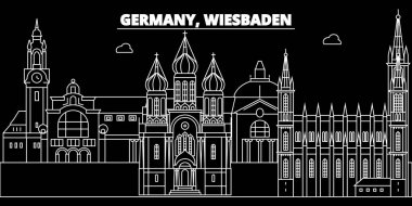 Wiesbaden siluet manzarası. Almanya - Wiesbaden vektör şehir, Alman doğrusal mimarisi, binalar. Wiesbaden seyahat illüstrasyon, anahat yerler. Almanya düz simgesi, Alman hat afiş