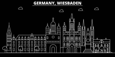 Wiesbaden siluet manzarası. Almanya - Wiesbaden vektör şehir, Alman doğrusal mimarisi, binalar. Wiesbaden satır seyahat illüstrasyon, yerler. Almanya düz simgesi, Alman anahat tasarım afiş