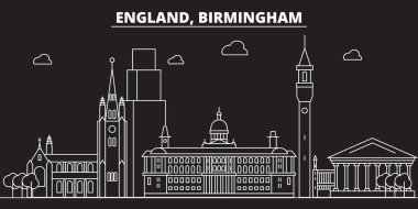 Birmingham siluet manzarası. Büyük Britanya - Birmingham vektör şehir, İngiliz doğrusal mimarisi. Birmingham seyahat illüstrasyon, anahat yerler. Büyük Britanya'nın düz simgesi, İngiliz hat afiş