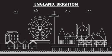 Brighton siluet manzarası. İngiltere - Brighton vektör şehir, İngiliz doğrusal mimarisi. Brighton seyahat illüstrasyon, anahat yerler. Büyük Britanya'nın düz simgesi, İngiliz hat afiş